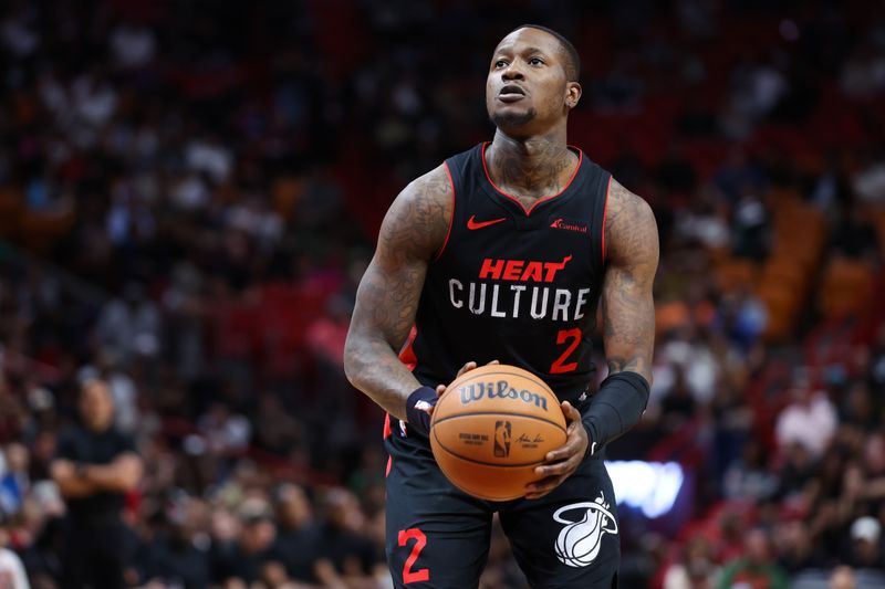 MIAMI, FLORIDA - JANUARY 24: Terry Rozier #2 of the Miami Heat shoots a free throw against the Memphis Grizzlies during the first quarter of the game at Kaseya Center on January 24, 2024 in Miami, Florida. NOTE TO USER: User expressly acknowledges and agrees that, by downloading and or using this photograph, User is consenting to the terms and conditions of the Getty Images License Agreement. (Photo by Megan Briggs/Getty Images)