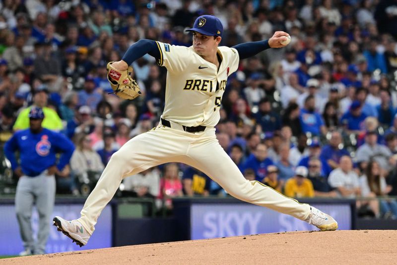 May 27, 2024; Milwaukee, Wisconsin, USA; Milwaukee Brewers starting pitcher Robert Gasser (54) throws a pitch in the first inning against the Chicago Cubs at American Family Field. Mandatory Credit: Benny Sieu-USA TODAY Sports