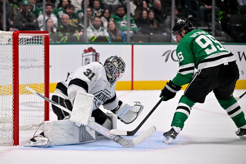 Dec 15, 2025; Dallas, Texas, USA; Dallas Stars center Matt Duchene (95) scores a goal against Los Angeles Kings goaltender Anton Forsberg (31) during the second period at the American Airlines Center. Mandatory Credit: Jerome Miron-Imagn Images