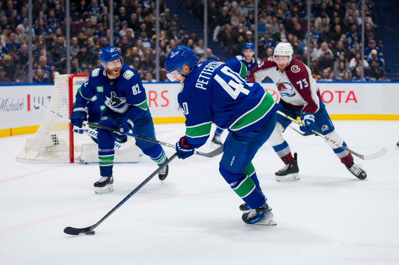 Mar 13, 2024; Vancouver, British Columbia, CAN; Vancouver Canucks forward Elias Pettersson (40) handles the puck against the Colorado Avalanche in the second period at Rogers Arena. Mandatory Credit: Bob Frid-USA TODAY Sports