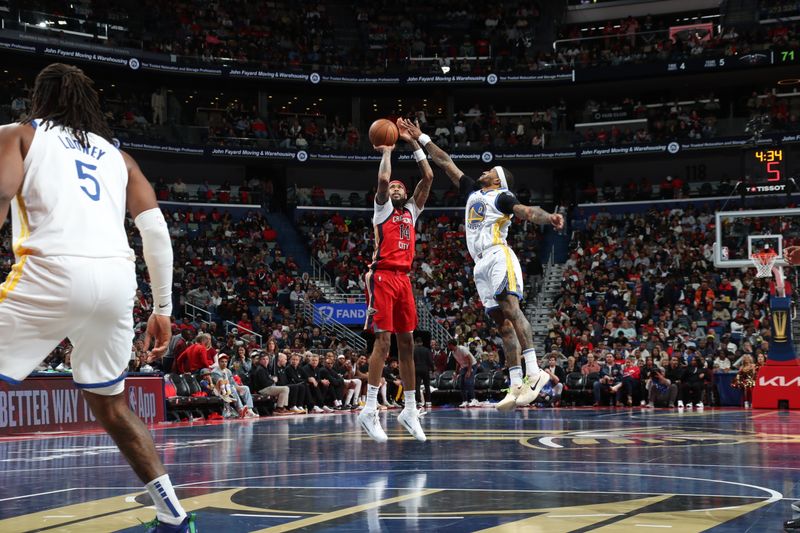 NEW ORLEANS, LA - NOVEMBER 22: Brandon Ingram #14 of the New Orleans Pelicans shoots a three point basket during the game against the Golden State Warriors during the Emirates NBA Cup game on November 22, 2024 at the Smoothie King Center in New Orleans, Louisiana. NOTE TO USER: User expressly acknowledges and agrees that, by downloading and or using this Photograph, user is consenting to the terms and conditions of the Getty Images License Agreement. Mandatory Copyright Notice: Copyright 2024 NBAE (Photo by Layne Murdoch Jr./NBAE via Getty Images)