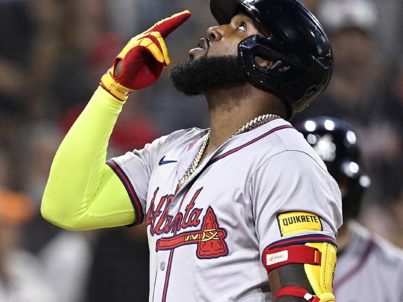 Jul 12, 2024; San Diego, California, USA; Atlanta Braves designated hitter Marcell Ozuna (20) celebrates after hitting a home run against the San Diego Padres during the ninth inning at Petco Park. Mandatory Credit: Orlando Ramirez-USA TODAY Sports 