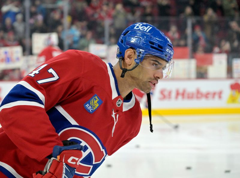 Mar 3, 2025; Montreal, Quebec, CAN;Montreal Canadiens defenseman Jayden Struble (47) skates during the warmup period before the game against the Buffalo Sabres at the Bell Centre. Mandatory Credit: Eric Bolte-Imagn Images