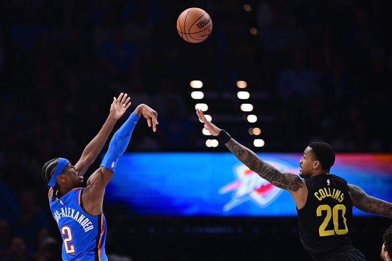 OKLAHOMA CITY, OKLAHOMA - MARCH 20: Shai Gilgeous-Alexander #2 of the Oklahoma City Thunder puts up a shot against John Collins #20 of the Utah Jazz during the first half at Paycom Center on March 20, 2024 in Oklahoma City, Oklahoma. NOTE TO USER: User expressly acknowledges and agrees that, by downloading and or using this Photograph, user is consenting to the terms and conditions of the Getty Images License Agreement. (Photo by Joshua Gateley/Getty Images)