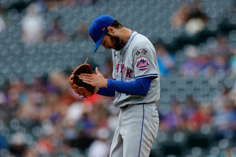 Aug 8, 2024; Denver, Colorado, USA; New York Mets relief pitcher Danny Young (81) reacts after the game against the Colorado Rockies at Coors Field. Mandatory Credit: Isaiah J. Downing-USA TODAY Sports