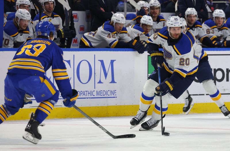 Feb 10, 2024; Buffalo, New York, USA;  Buffalo Sabres defenseman Ryan Johnson (33) defends as St. Louis Blues left wing Brandon Saad (20) carries the puck up ice during the first period at KeyBank Center. Mandatory Credit: Timothy T. Ludwig-USA TODAY Sports