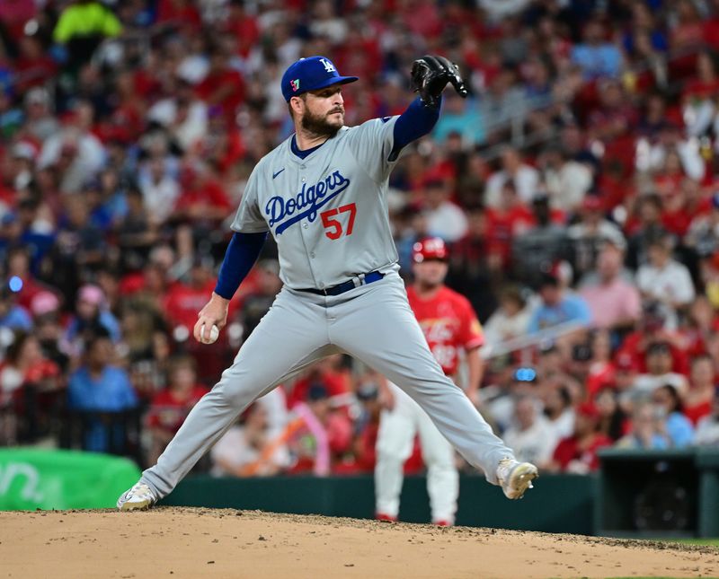 Aug 17, 2024; St. Louis, Missouri, USA;  Los Angeles Dodgers pitcher Ryan Brasier ((57) pitches in relief against the St. Louis Cardinals in the sixth inning at Busch Stadium. Mandatory Credit: Tim Vizer-USA TODAY Sports