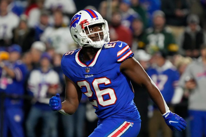 Buffalo Bills running back Devin Singletary (26) warms up before an NFL football game against the Green Bay Packers, Sunday, Oct. 30, 2022, in Buffalo, New York. (AP Photo/Rick Scuteri)