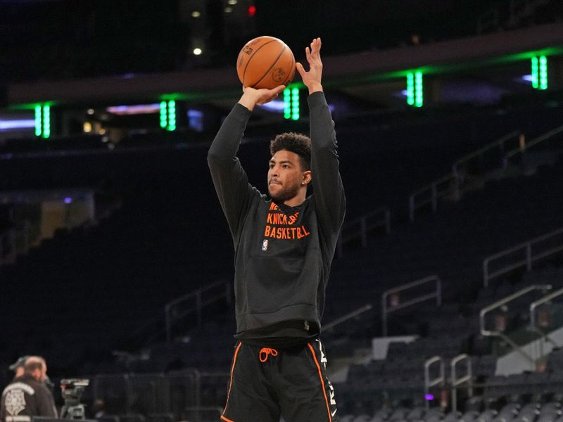 NEW YORK, NY - JANUARY 9: Quentin Grimes #6 of the New York Knicks warms up before the game against the Portland Trail Blazers on January 9, 2024 at Madison Square Garden in New York City, New York.  NOTE TO USER: User expressly acknowledges and agrees that, by downloading and or using this photograph, User is consenting to the terms and conditions of the Getty Images License Agreement. Mandatory Copyright Notice: Copyright 2024 NBAE  (Photo by Jesse D. Garrabrant/NBAE via Getty Images)