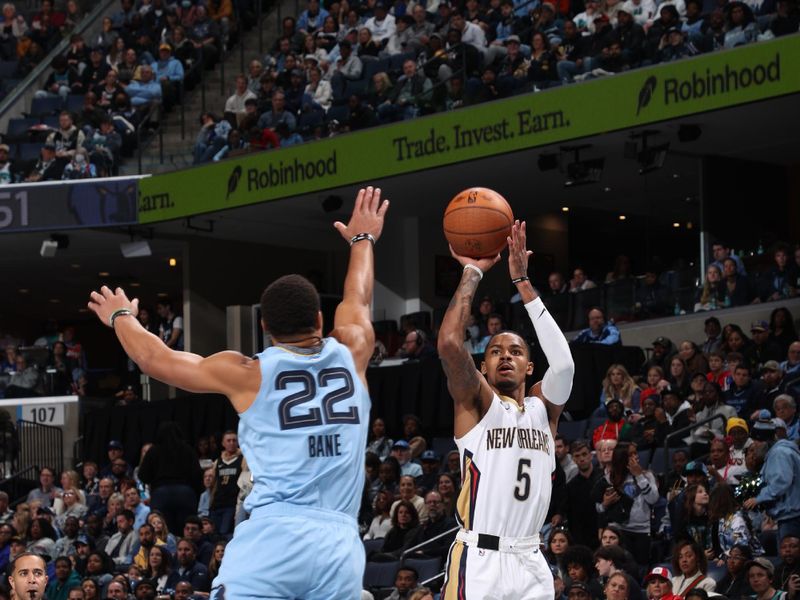 MEMPHIS, TN - NOVEMBER 29: Dejounte Murray #5 of the New Orleans Pelicans shoots the ball during the game against the Memphis Grizzlies during the Emirates NBA Cup game on November 29, 2024 at FedExForum in Memphis, Tennessee. NOTE TO USER: User expressly acknowledges and agrees that, by downloading and or using this photograph, User is consenting to the terms and conditions of the Getty Images License Agreement. Mandatory Copyright Notice: Copyright 2024 NBAE (Photo by Joe Murphy/NBAE via Getty Images)