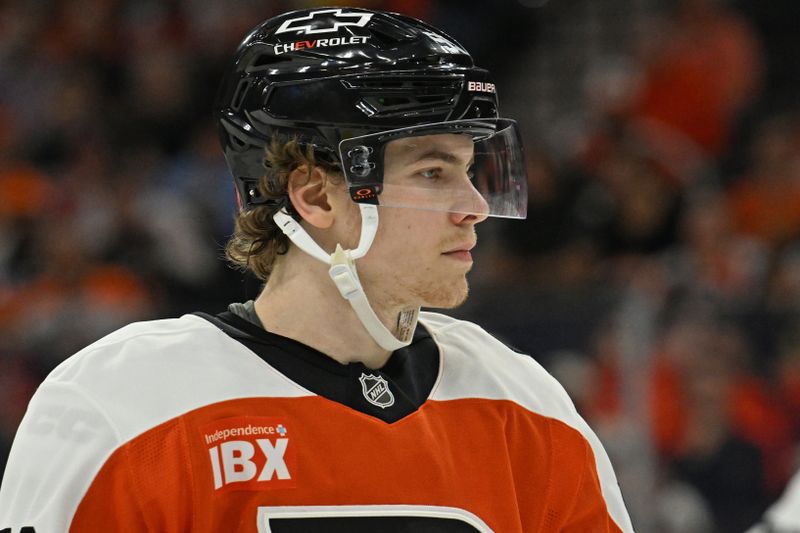 Apr 14, 2026; Philadelphia, Pennsylvania, USA; Philadelphia Flyers defenseman Oliver Bonk (59) against the Montréal Canadiens during the second period at Xfinity Mobile Arena. Mandatory Credit: Eric Hartline-Imagn Images Apr 14, 2026; Philadelphia, Pennsylvania, USA; Philadelphia Flyers defenseman Oliver Bonk (59) against the Montréal Canadiens during the second period at Xfinity Mobile Arena. Mandatory Credit: Eric Hartline-Imagn Images