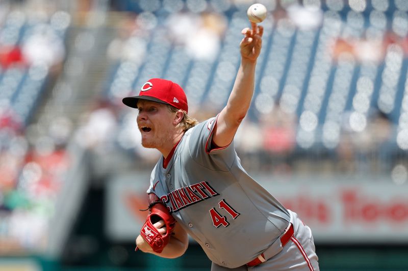Jul 21, 2024; Washington, District of Columbia, USA; Cincinnati Reds starting pitcher Andrew Abbott (41) pitches against the Washington Nationals during the second inning at Nationals Park. Mandatory Credit: Geoff Burke-USA TODAY Sports