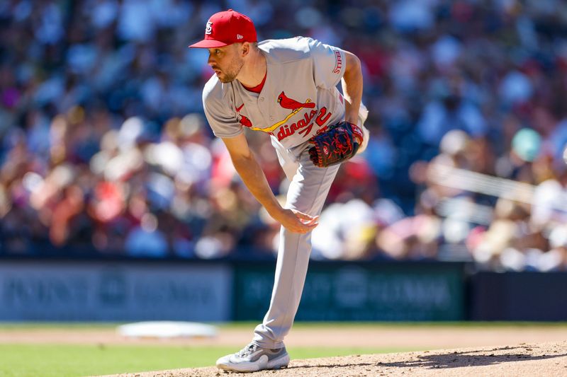 Sep 24, 2023; San Diego, California, USA; St. Louis Cardinals relief pitcher Casey Lawrence (72) throws a pitch during the fourth inning against the San Diego Padres at Petco Park. Mandatory Credit: David Frerker-USA TODAY Sports