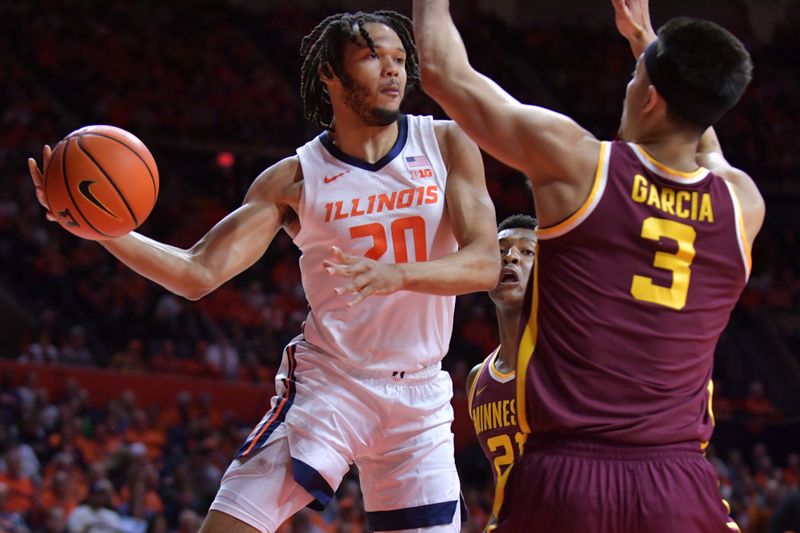 Feb 28, 2024; Champaign, Illinois, USA; Illinois Fighting Illini forward Ty Rodgers (20) passes the ball around Minnesota Golden Gophers forward Dawson Garcia (3) during the first half at State Farm Center. Mandatory Credit: Ron Johnson-USA TODAY Sports