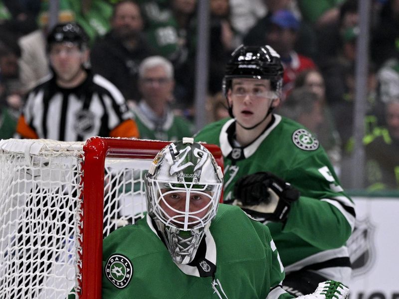 Jan 16, 2025; Dallas, Texas, USA; Dallas Stars goaltender Jake Oettinger (29) faces the Montreal Canadiens attack during the third period at the American Airlines Center. Mandatory Credit: Jerome Miron-Imagn Images