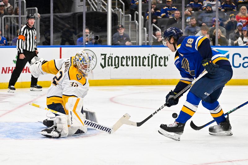 Nov 24, 2023; St. Louis, Missouri, USA;  Nashville Predators goaltender Kevin Lankinen (32) defends the net against St. Louis Blues center Robert Thomas (18) during the second period at Enterprise Center. Mandatory Credit: Jeff Curry-USA TODAY Sports
