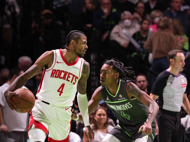 MINNEAPOLIS, MN -  NOVEMBER 26: Jalen Green #4 of the Houston Rockets dribbles the ball during the game against the Minnesota Timberwolves during the Emirates NBA Cup game on November 26, 2024 at Target Center in Minneapolis, Minnesota. NOTE TO USER: User expressly acknowledges and agrees that, by downloading and or using this Photograph, user is consenting to the terms and conditions of the Getty Images License Agreement. Mandatory Copyright Notice: Copyright 2024 NBAE (Photo by David Sherman/NBAE via Getty Images)