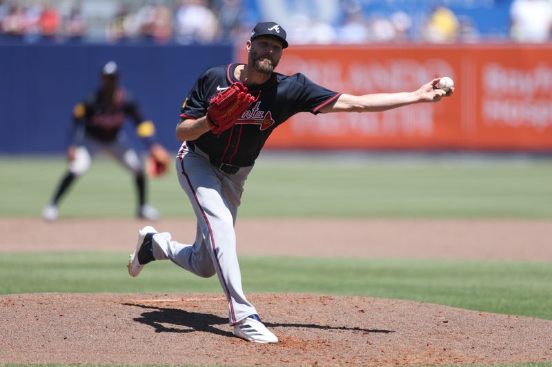 Apr 13, 2025; Tampa, Florida, USA; Atlanta Braves starting pitcher Chris Sale (51) throws a pitch against the Tampa Bay Rays in the second inning at George M. Steinbrenner Field. Mandatory Credit: Nathan Ray Seebeck-Imagn Images