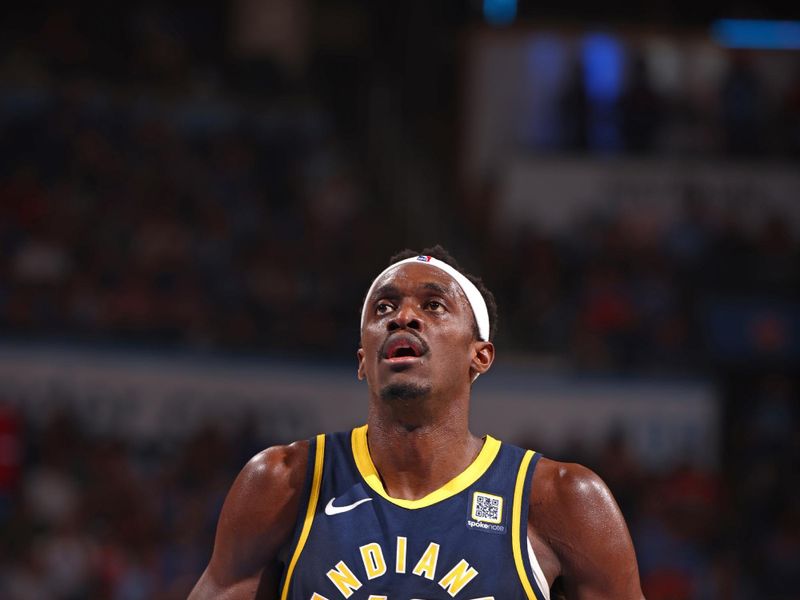 OKLAHOMA CITY, OK - MARCH 29: Pascal Siakam #43 of the Indiana Pacers free throw during the game against the Oklahoma City Thunder on March 29, 2025 at Paycom Center in Oklahoma City, Oklahoma. NOTE TO USER: User expressly acknowledges and agrees that, by downloading and or using this photograph, User is consenting to the terms and conditions of the Getty Images License Agreement. Mandatory Copyright Notice: Copyright 2025 NBAE (Photo by Zach Beeker/NBAE via Getty Images)