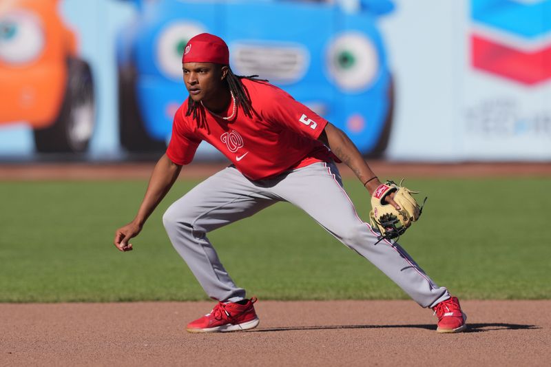 Apr 9, 2024; San Francisco, California, USA; Washington Nationals shortstop CJ Abrams (5) warms up before the game against the San Francisco Giants at Oracle Park. Mandatory Credit: Darren Yamashita-USA TODAY Sports