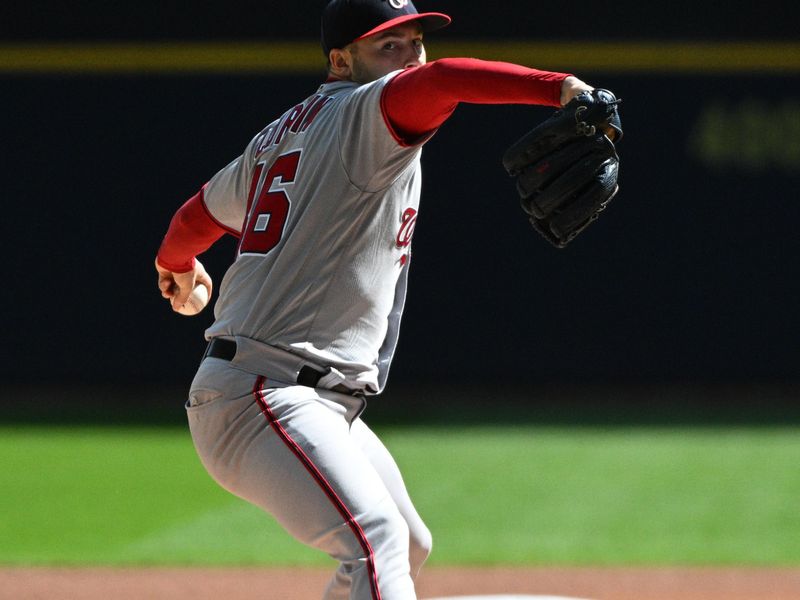 Sep 17, 2023; Milwaukee, Wisconsin, USA; Washington Nationals starting pitcher Patrick Corbin (46) delivers a pitch against the Milwaukee Brewers in the first inning at American Family Field. Mandatory Credit: Michael McLoone-USA TODAY Sports