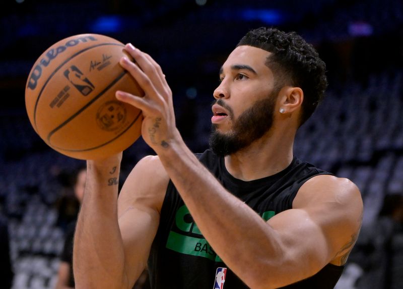 LOS ANGELES, CALIFORNIA - DECEMBER 25: Jayson Tatum #0 of the Boston Celtics warms up prior to the game against the Los Angeles Lakers at Crypto.com Arena on December 25, 2023 in Los Angeles, California.  NOTE TO USER: User expressly acknowledges and agrees that, by downloading and or using this photograph, User is consenting to the terms and conditions of the Getty Images License Agreement.(Photo by Jayne Kamin-Oncea/Getty Images)