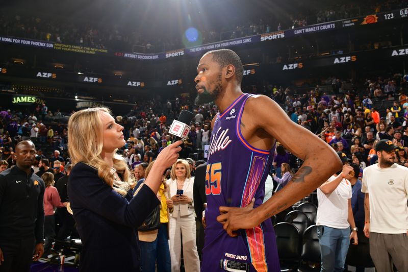 PHOENIX, AZ - FEBRUARY 25: Kevin Durant #35 of the Phoenix Suns talks to the media after the game against the Los Angeles Lakers on February 25, 2024 at Footprint Center in Phoenix, Arizona. NOTE TO USER: User expressly acknowledges and agrees that, by downloading and or using this photograph, user is consenting to the terms and conditions of the Getty Images License Agreement. Mandatory Copyright Notice: Copyright 2024 NBAE (Photo by Kate Frese/NBAE via Getty Images)