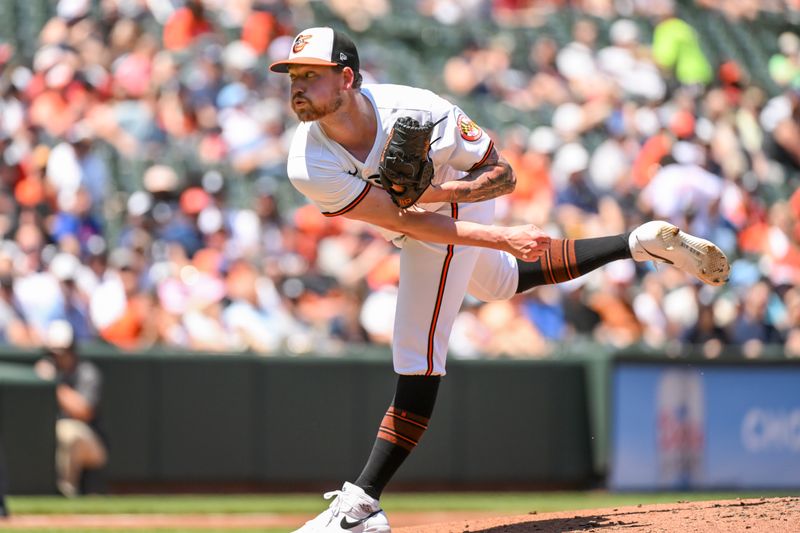 May 2, 2024; Baltimore, Maryland, USA;  Baltimore Orioles starting pitcher Kyle Bradish (38) delivers a second inning pitch against the New York Yankees at Oriole Park at Camden Yards. Mandatory Credit: James A. Pittman-USA TODAY Sports