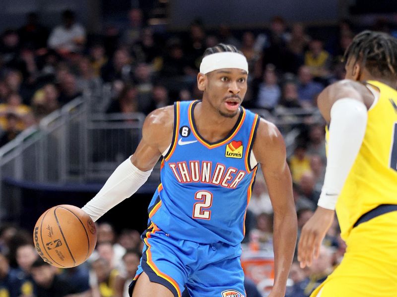 INDIANAPOLIS, INDIANA - MARCH 31:  Shai Gilgeous-Alexander #2 of the Oklahoma City Thunder against Indiana Pacers at Gainbridge Fieldhouse on March 31, 2023 in Indianapolis, Indiana.    NOTE TO USER: User expressly acknowledges and agrees that, by downloading and/or using this photograph, User is consenting to the terms and conditions of the Getty Images License Agreement. (Photo by Andy Lyons/Getty Images)