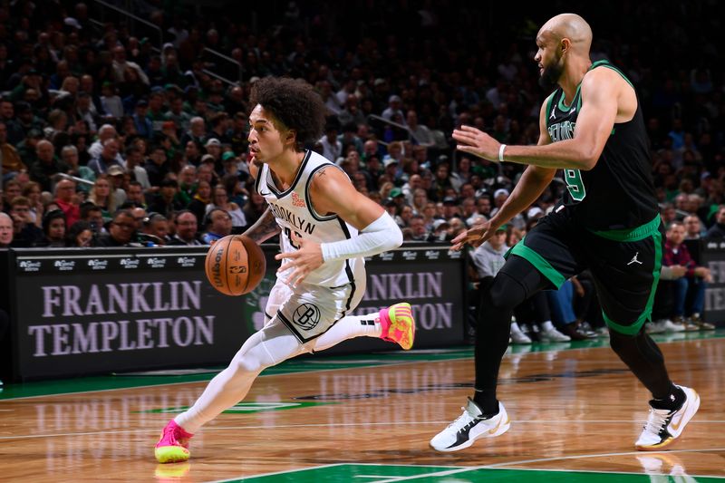 BOSTON, MA - NOVEMBER 8: Jalen Wilson #22 of the Brooklyn Nets drives to the basket during the game against the Boston Celtics on November 8, 2024 at TD Garden in Boston, Massachusetts. NOTE TO USER: User expressly acknowledges and agrees that, by downloading and/or using this Photograph, user is consenting to the terms and conditions of the Getty Images License Agreement. Mandatory Copyright Notice: Copyright 2024 NBAE (Photo by Brian Babineau/NBAE via Getty Images)