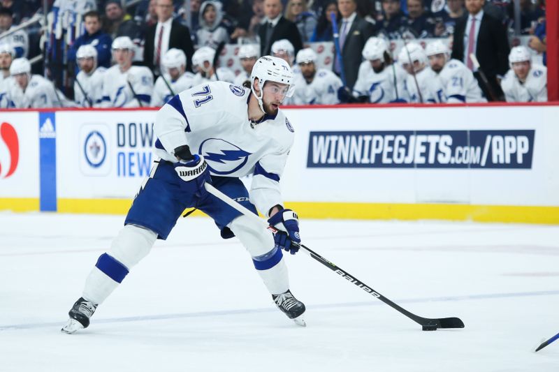 Jan 6, 2023; Winnipeg, Manitoba, CAN;  Tampa Bay Lightning forward Anthony Cirelli (71) skates into the Winnipeg Jets zone during the first period at Canada Life Centre. Mandatory Credit: Terrence Lee-USA TODAY Sports