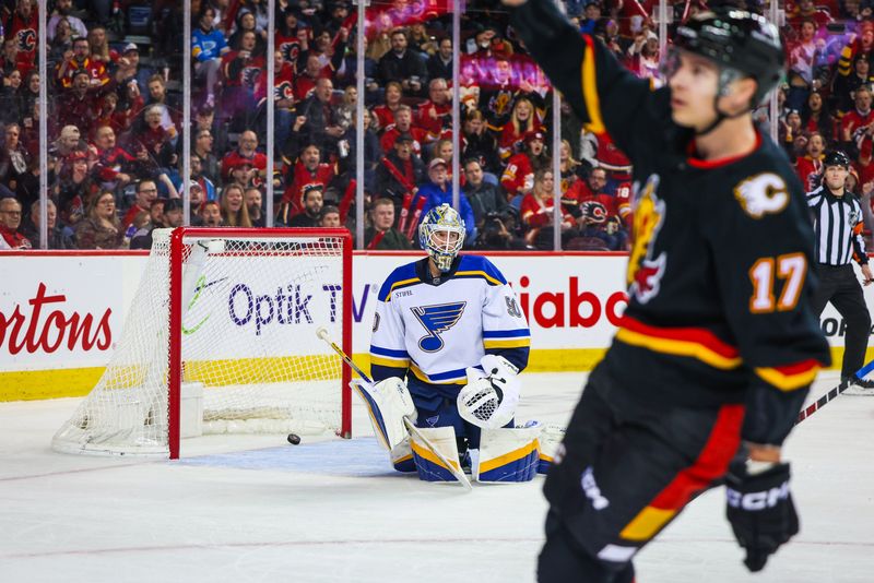 Jan 23, 2024; Calgary, Alberta, CAN; St. Louis Blues goaltender Jordan Binnington (50) reacts as Calgary Flames center Yegor Sharangovich (17) scores a goal during the second period at Scotiabank Saddledome. Mandatory Credit: Sergei Belski-USA TODAY Sports