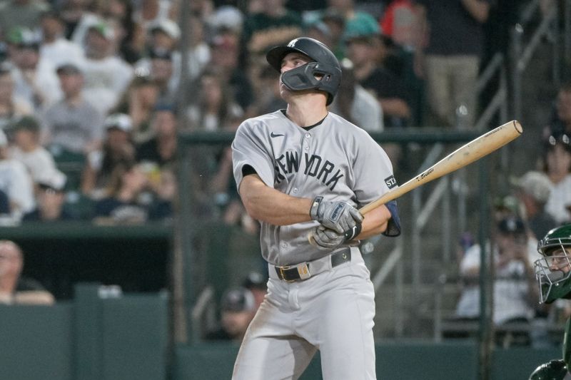 May 9, 2025; West Sacramento, California, USA; New York Yankees first baseman Paul Goldschmidt (48) hits a single against the Athletics during the fifth inning at Sutter Health Park. Mandatory Credit: Ed Szczepanski-Imagn Images