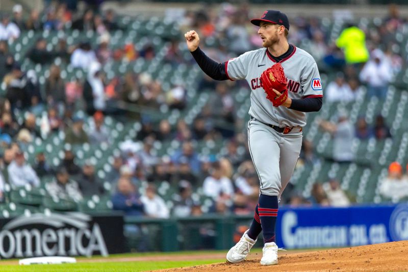 May 22, 2025; Detroit, Michigan, USA; Cleveland Guardians pitcher Tanner Bibee (28) delivers in the first inning against the Detroit Tigers at Comerica Park. Mandatory Credit: David Reginek-Imagn Images