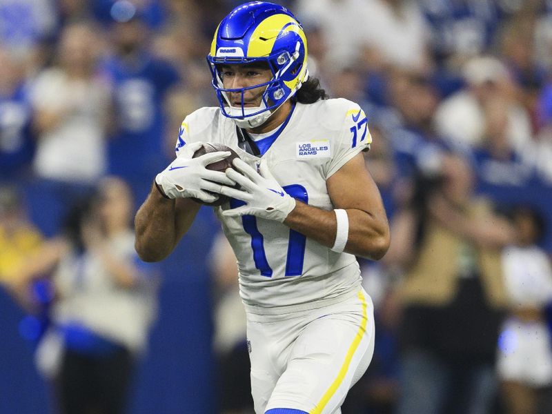 Los Angeles Rams wide receiver Puka Nacua (17) grabs a catch over the middle during an NFL football game against the Indianapolis Colts, Sunday, Oct. 1, 2023, in Indianapolis. (AP Photo/Zach Bolinger)