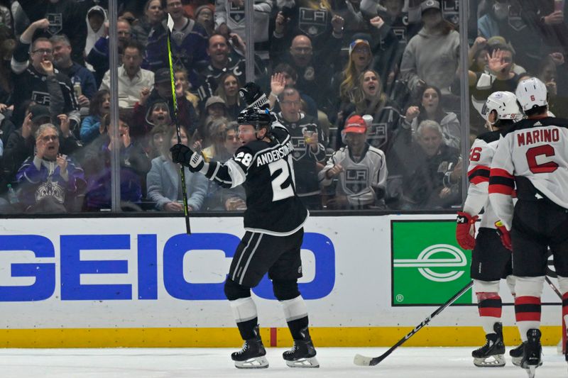 Mar 3, 2024; Los Angeles, California, USA;  Los Angeles Kings center Jaret Anderson-Dolan (28) celebrates after scoring a goal in the first period against the New Jersey Devils at Crypto.com Arena. Mandatory Credit: Jayne Kamin-Oncea-USA TODAY Sports