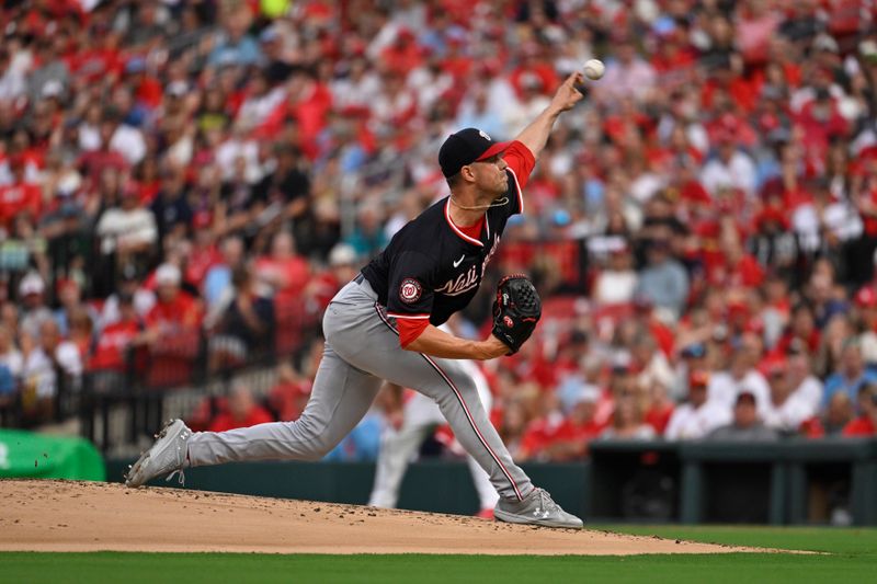 Jul 26, 2024; St. Louis, Missouri, USA; Washington Nationals starting pitcher MacKenzie Gore (1) throws against the St. Louis Cardinals during the first inning at Busch Stadium. Mandatory Credit: Jeff Le-USA TODAY Sports