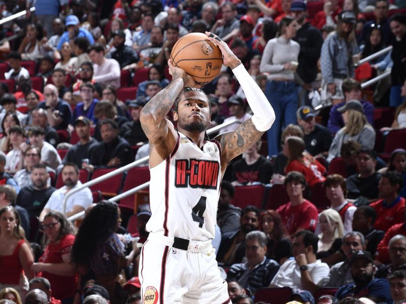 HOUSTON, TX - MARCH 23:  Jalen Green #4 of the Houston Rockets shoots the ball during the game against the Denver Nuggets on March 23, 2025 at the Toyota Center in Houston, Texas. NOTE TO USER: User expressly acknowledges and agrees that, by downloading and or using this photograph, User is consenting to the terms and conditions of the Getty Images License Agreement. Mandatory Copyright Notice: Copyright 2025 NBAE (Photo by Logan Riely/NBAE via Getty Images)
