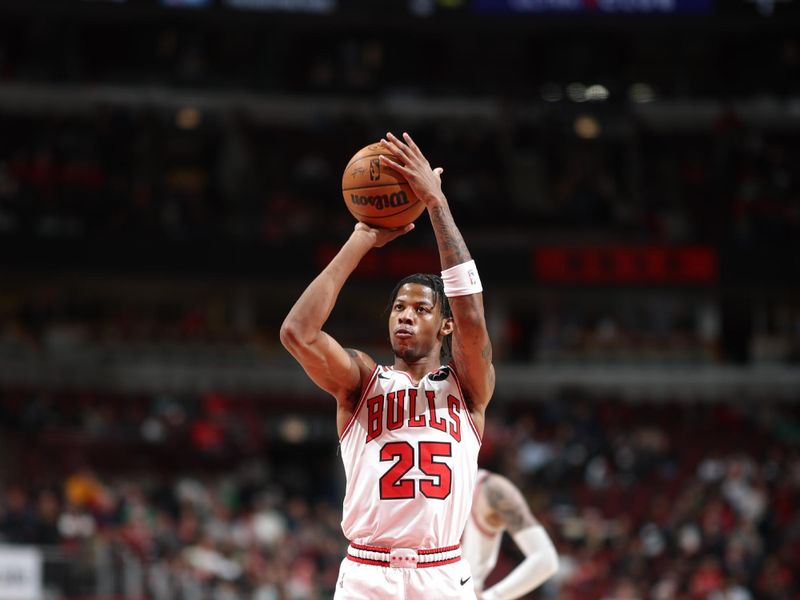 CHICAGO, IL - FEBRUARY 22: Dalen Terry #25 of the Chicago Bulls shoots the ball during the game against the Boston Celtics on February 22, 2024 at United Center in Chicago, Illinois. NOTE TO USER: User expressly acknowledges and agrees that, by downloading and or using this photograph, User is consenting to the terms and conditions of the Getty Images License Agreement. Mandatory Copyright Notice: Copyright 2024 NBAE (Photo by Jeff Haynes/NBAE via Getty Images)