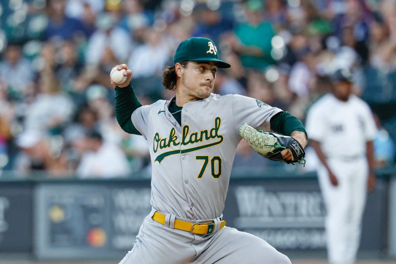 Sep 14, 2024; Chicago, Illinois, USA; Oakland Athletics starting pitcher J.T. Ginn (70) delivers a pitch against the Chicago White Sox during the first inning at Guaranteed Rate Field. Mandatory Credit: Kamil Krzaczynski-Imagn Images