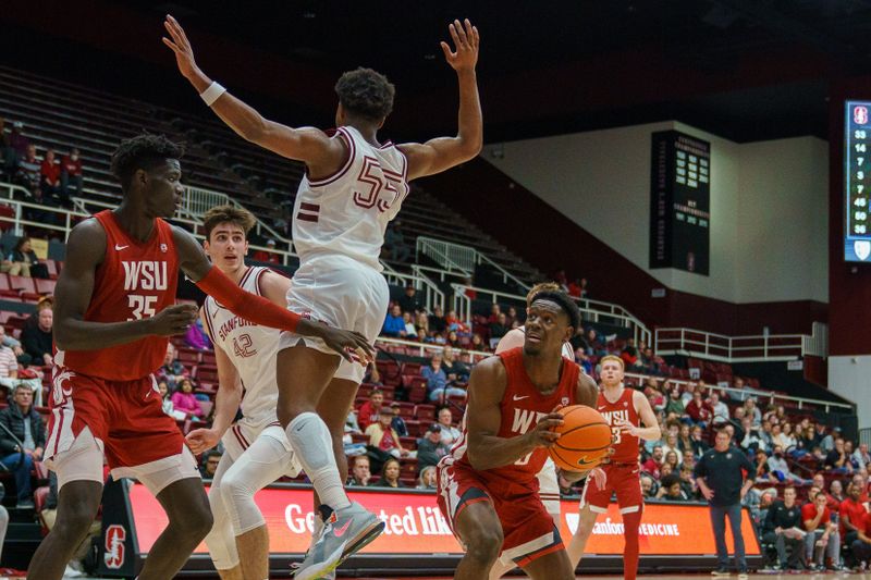 Feb 23, 2023; Stanford, California, USA;  Washington State Cougars guard TJ Bamba (5) shoots the ball against Stanford Cardinal forward Harrison Ingram (55) during the second half at Maples Pavilion. Mandatory Credit: Neville E. Guard-USA TODAY Sports