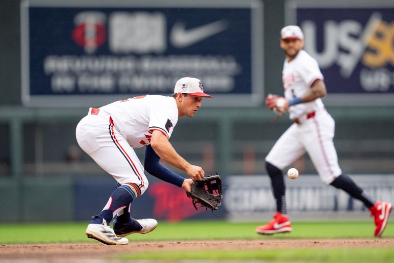 Jul 4, 2024; Minneapolis, Minnesota, USA; Minnesota Twins third baseman Brooks Lee (72) fields a ground ball hit by Detroit Tigers third base Matt Vierling (8) for the third out in the second inning at Target Field. Mandatory Credit: Matt Blewett-USA TODAY Sports