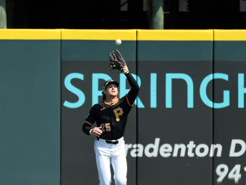 Feb 26, 2025; Bradenton, Florida, USA;  Pittsburgh Pirates outfielder Billy Cook (25) catches a fly ball against the Baltimore Orioles during the first inning at LECOM Park. Mandatory Credit: Kim Klement Neitzel-Imagn Images