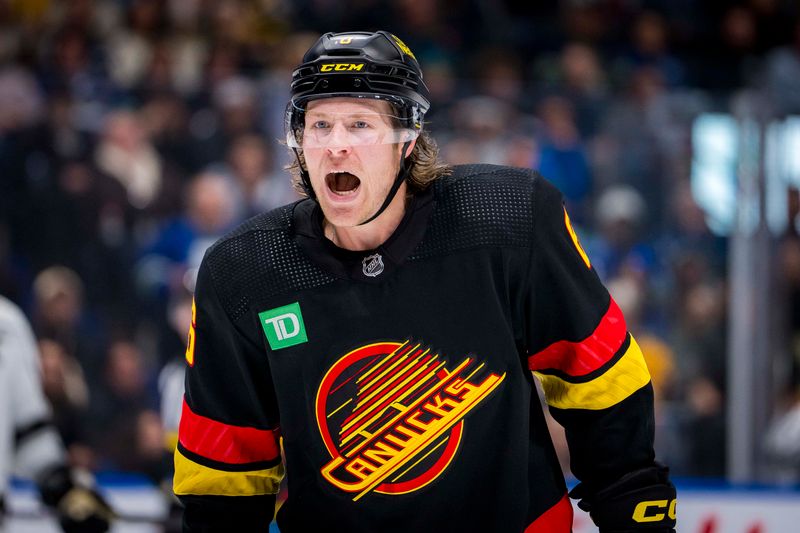 Mar 25, 2024; Vancouver, British Columbia, CAN;  Vancouver Canucks forward Brock Boeser (6) reacts to a penalty called on him against the Los Angeles Kings in the third period at Rogers Arena. Kings won 3 -2. Mandatory Credit: Bob Frid-USA TODAY Sports