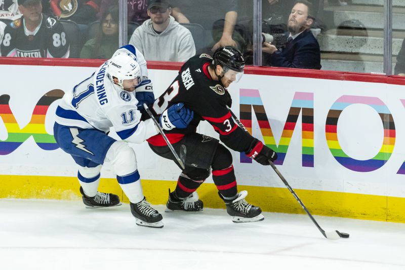 Apr 3, 2025; Ottawa, Ontario, CAN; Tampa Bay Lightning center Luke Glendening (11) chases Ottawa Senators defenseman Nick Jensen (3) who controls the puck in the third period at the Canadian Tire Centre. Mandatory Credit: Marc DesRosiers-Imagn Images