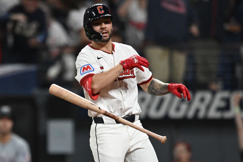 Sep 27, 2025; Cleveland, Ohio, USA; Cleveland Guardians first baseman CJ Kayfus (63) celebrates after being by a pitch with the bases loaded to win the game against the Texas Rangers during the ninth inning at Progressive Field. Mandatory Credit: Ken Blaze-Imagn Images
