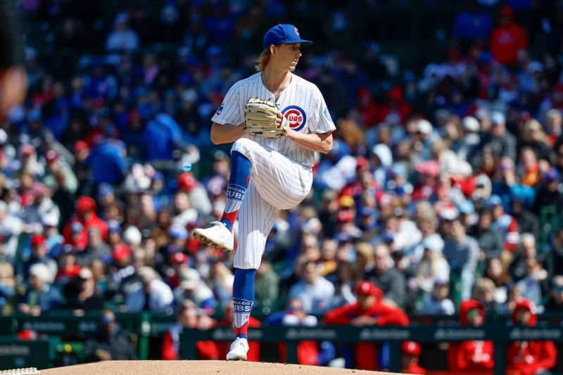 Apr 26, 2025; Chicago, Illinois, USA; Chicago Cubs starting pitcher Ben Brown (32) delivers a pitch against the Philadelphia Phillies during the first inning at Wrigley Field. Mandatory Credit: Kamil Krzaczynski-Imagn Images