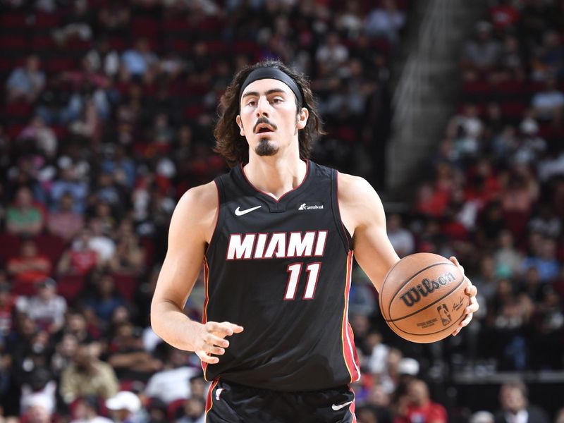 HOUSTON, TX - APRIL 5: Jaime Jaquez Jr. #11 of the Miami Heat dribbles the ball during the game against the Houston Rockets on April 5, 2024 at the Toyota Center in Houston, Texas. NOTE TO USER: User expressly acknowledges and agrees that, by downloading and or using this photograph, User is consenting to the terms and conditions of the Getty Images License Agreement. Mandatory Copyright Notice: Copyright 2024 NBAE (Photo by Logan Riely/NBAE via Getty Images)