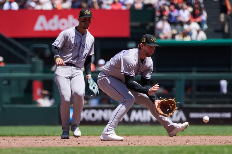 May 19, 2024; San Francisco, California, USA; Colorado Rockies infielder Ryan McMahon (24) fields a ground ball against the San Francisco Giants during the third inning at Oracle Park. Mandatory Credit: Robert Edwards-USA TODAY Sports