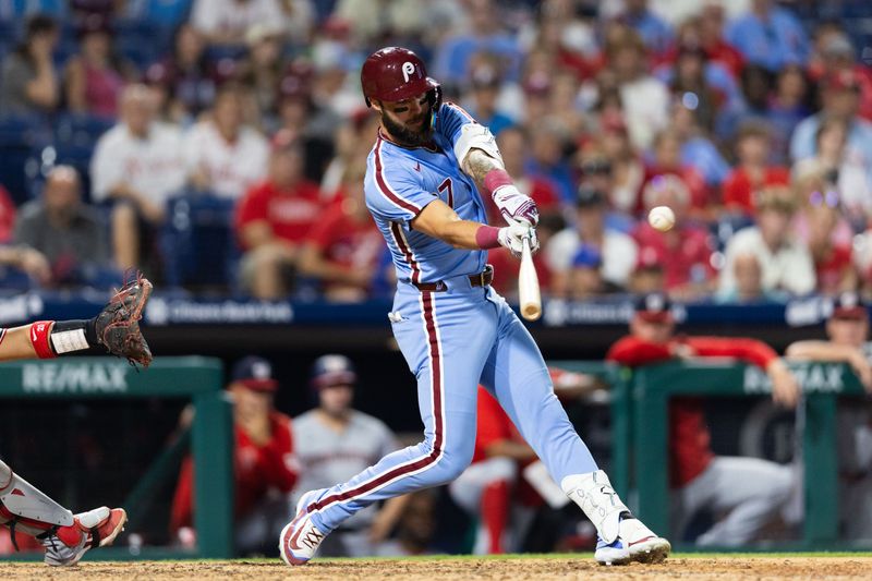 Aug 15, 2024; Philadelphia, Pennsylvania, USA; Philadelphia Phillies outfielder Weston Wilson (37) hits a double during the eighth inning to complete the cycle against the Washington Nationals at Citizens Bank Park. Mandatory Credit: Bill Streicher-USA TODAY Sports